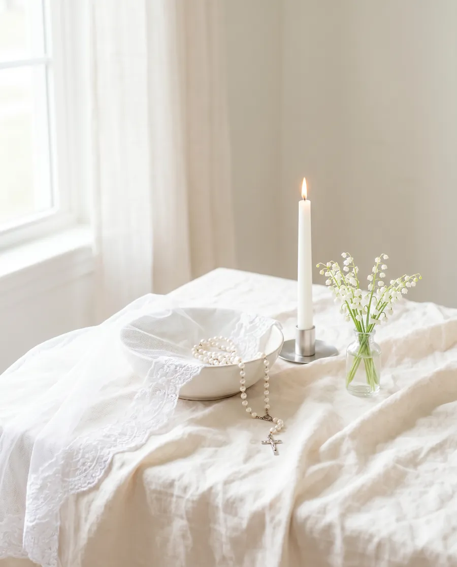 A white veil, a pearl rosary and a lit candle on a linen-covered table