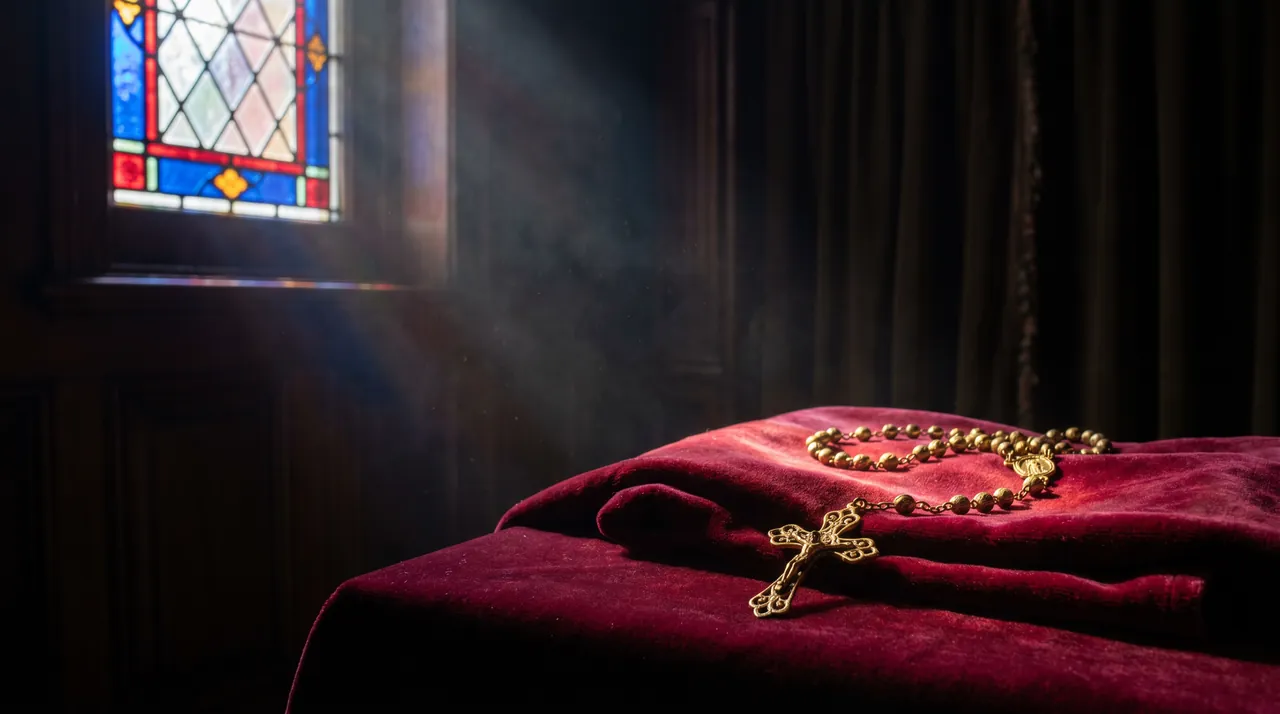 A rosary resting on red velvet beneath a stained-glass window